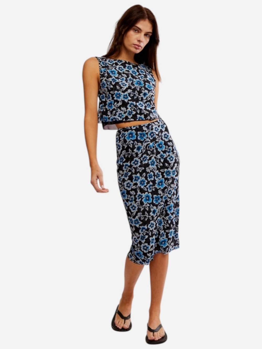 NWOT FREE PEOPLE Mona Skirt Set Black Blue Midi Skirt Top Matching Set Floral M